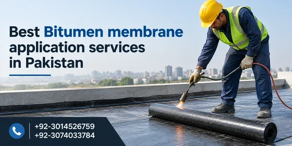 Bitumen membrane sheet being applied to a concrete roof in Lahore.